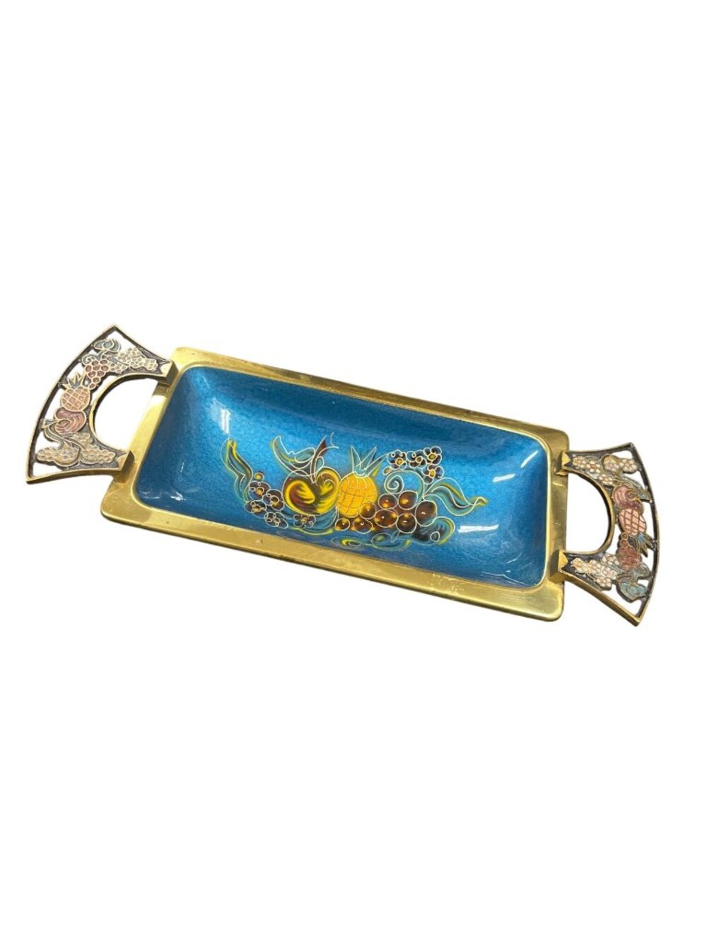 Israel made VTG Brass enamel blue ornate serve trinket tray SKU 10-283